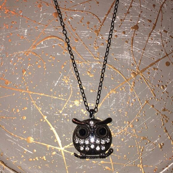 Brass with Black and White Rhinestones Owl on a Branch Necklace - Picture 1 of 5